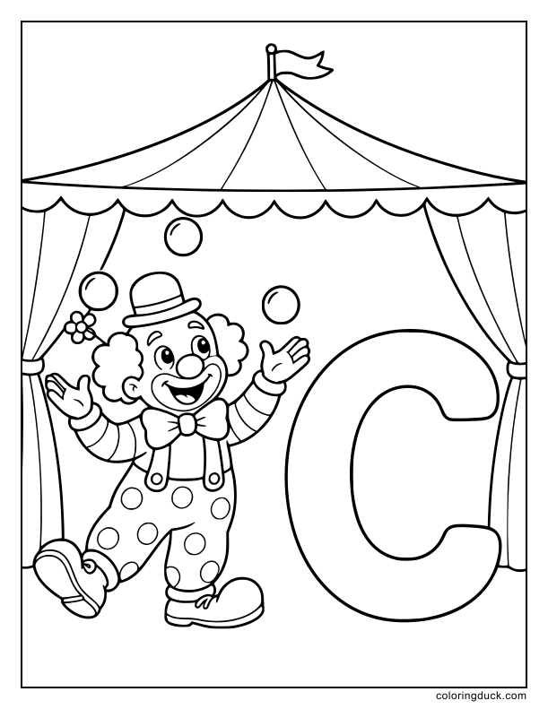 Funny clown tossing three balls high into the air beside a letter C.
