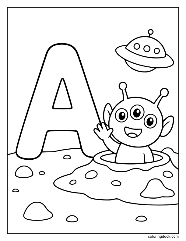 Three-eyed friendly alien waving from a crater beside a large letter A.