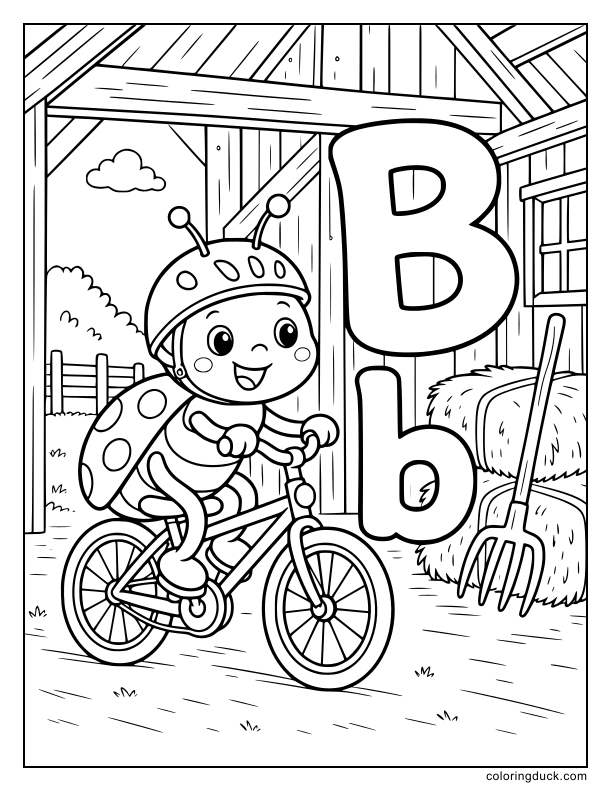 Inside a cozy barn, a smiling bug riding a two-wheeled bicycle past a big letter B.