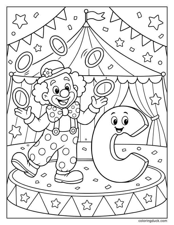 Joyful circus clown juggling rings around a large letter C under a striped tent.