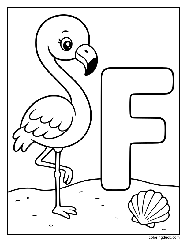 Tall flamingo balancing on one leg beside a large letter F.