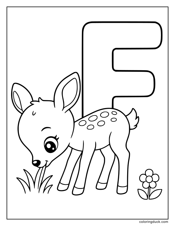 Sweet baby fawn nibbling grass beside a huge letter F.