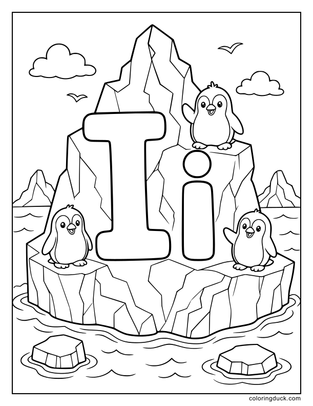 Deep in the cold ocean, a massive jagged iceberg floats beside the letter I.