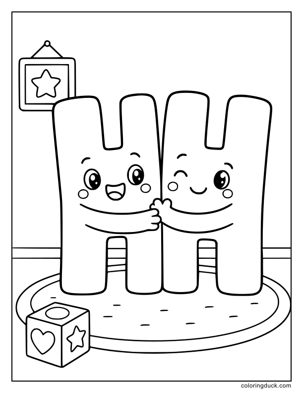 Two adorable letter H characters wrapping their arms around each other in a giant hug.
