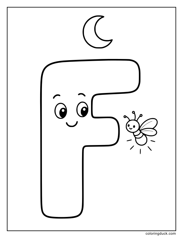 Friendly letter F looking at a tiny glowing firefly.