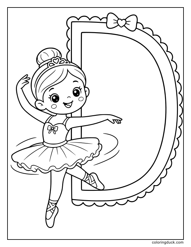 Cute ballerina spinning in front of a giant tall mirror shaped like the letter D.