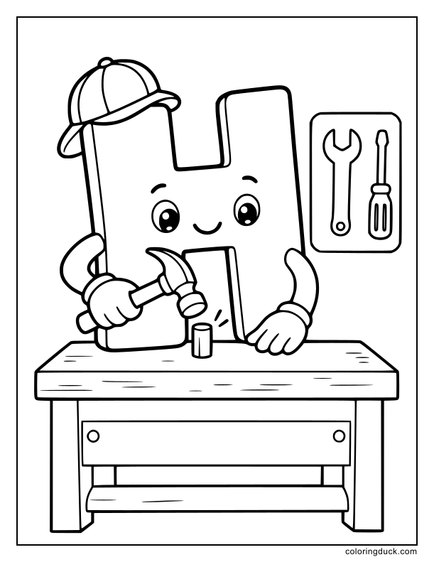 Focused letter H using a shiny metal hammer to lightly tap a wooden peg.