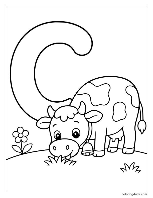 Two spotted cows standing happily beside a huge letter C in the grass.