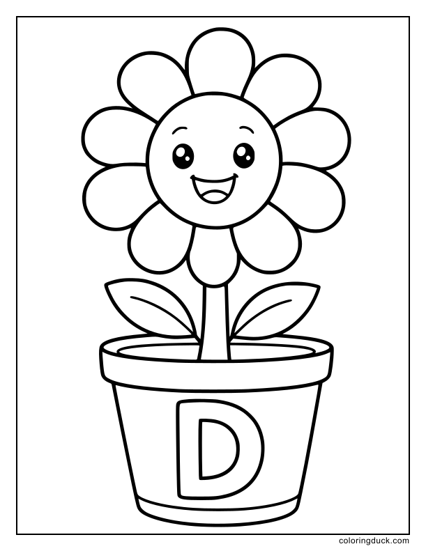 Giant smiling daisy flower growing out of a cute pot marked with the letter D.