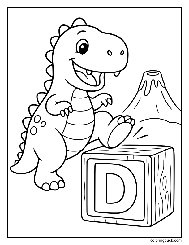 Happy dinosaur standing next to a giant wooden block carved with the letter D.