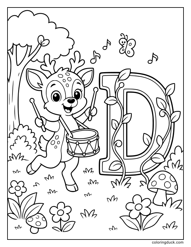 Inside a sunny forest clearing, a joyful young deer dances while tapping on a snare drum, accompanied by the letter D.
