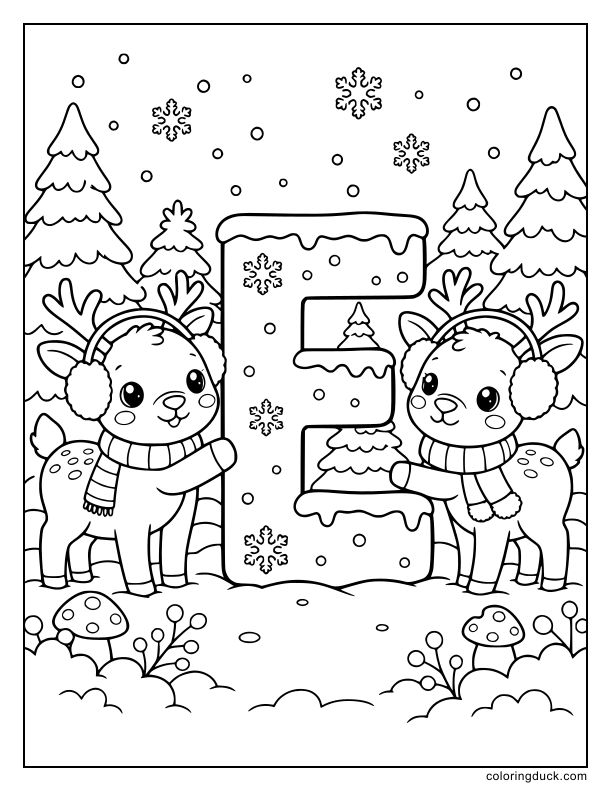 Two cozy elks wearing warm fluffy earmuffs standing next to a frosty giant letter E.