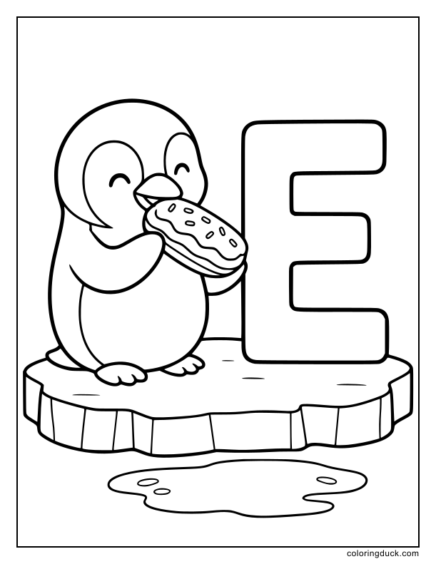 Cute emperor penguin eating a sweet eclair beside a huge letter E.