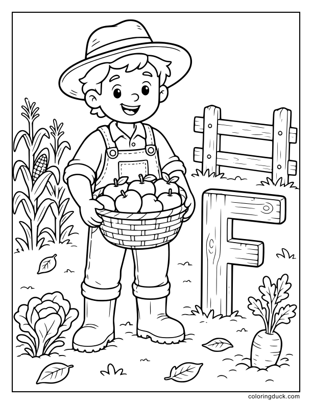Smiling farmer holding a large basket full of fresh fruit.