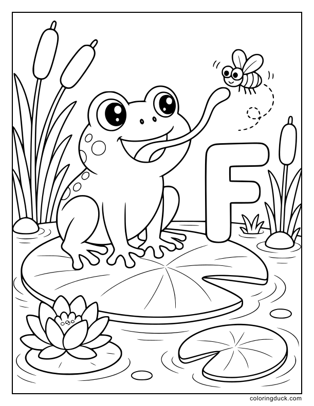 Cheerful green frog waiting on a lily pad to catch a buzzing fly.