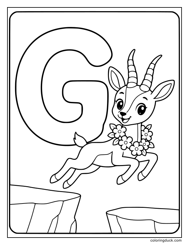 Graceful gazelle jumping with a flower garland by a big letter G.