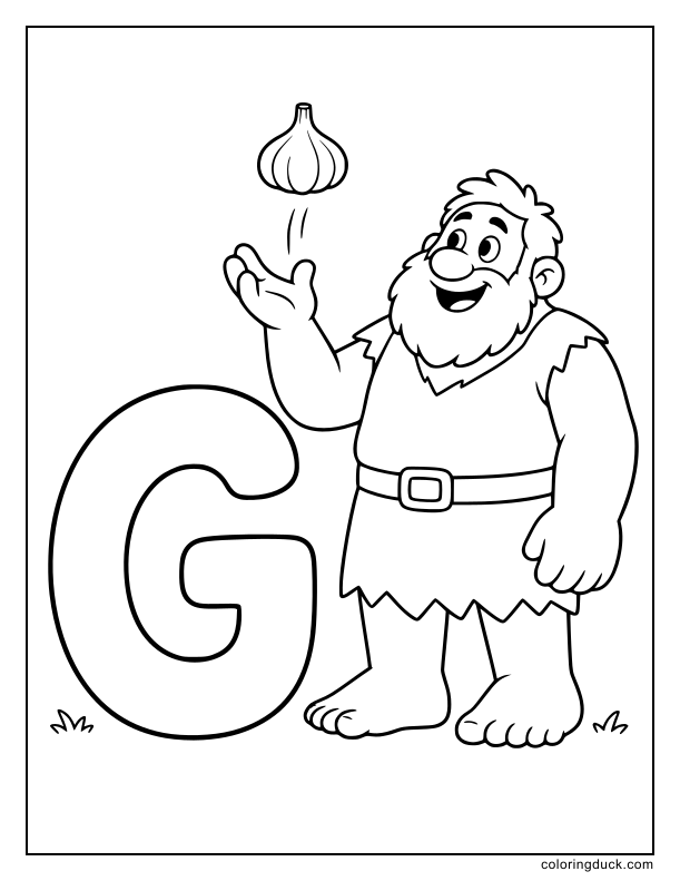 Gentle giant tossing a bulb of garlic beside a giant letter G.