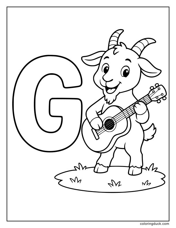 Cheerful goat playing a wooden guitar next to a block letter G.