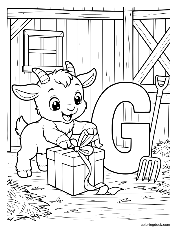 Two little goats excitedly unwrapping a big gift box near a large letter G inside a cozy barn.