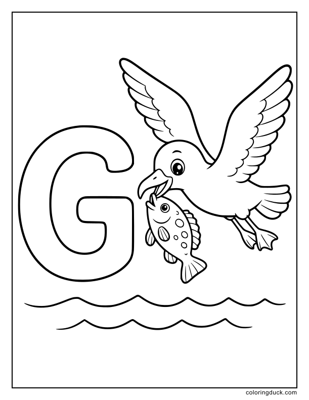 Smart gull catching a small grouper fish near the letter G.