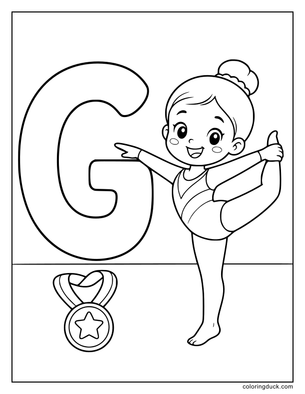 Smiling gymnast stretching near a gold medal and a huge letter G.