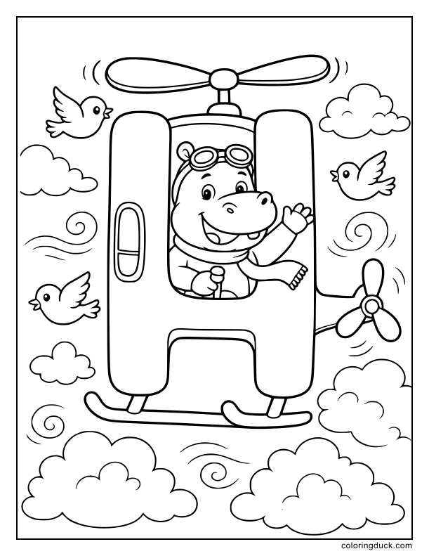 Cheerful hippo piloting a cool helicopter shaped like the letter H through fluffy clouds.