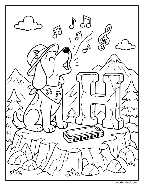 Musical hound dog howling a happy tune next to a stone-carved letter H with a harmonica at its feet.