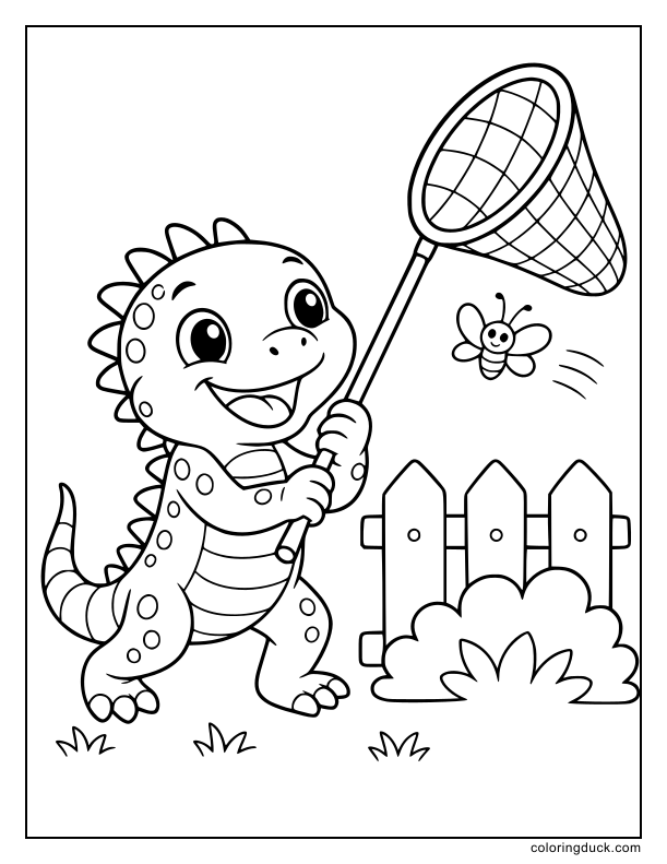 Smiling baby iguana holding a large butterfly net catching a tiny cute insect.