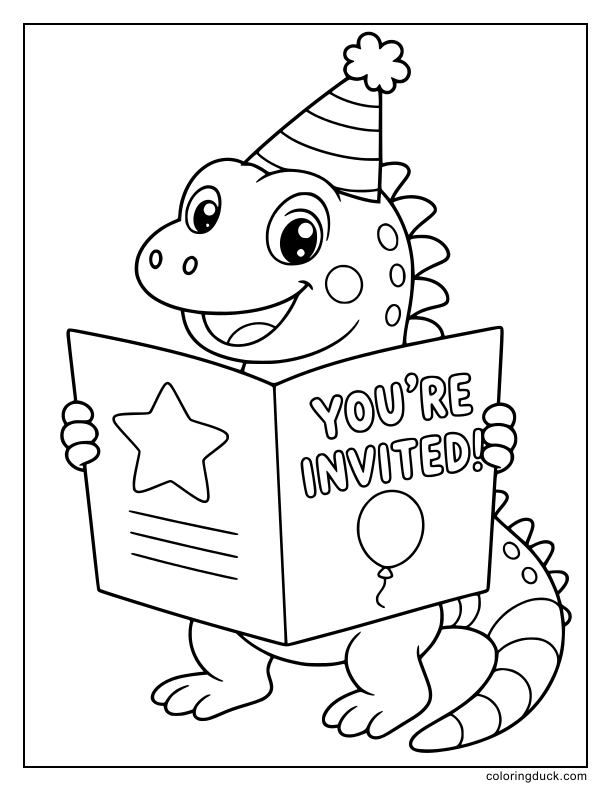 Cheerful iguana wearing a party hat presenting a huge open invitation card.