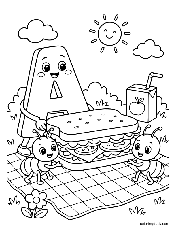 Two tiny ants helping a cheerful letter A carry a large sandwich across a checkered blanket.