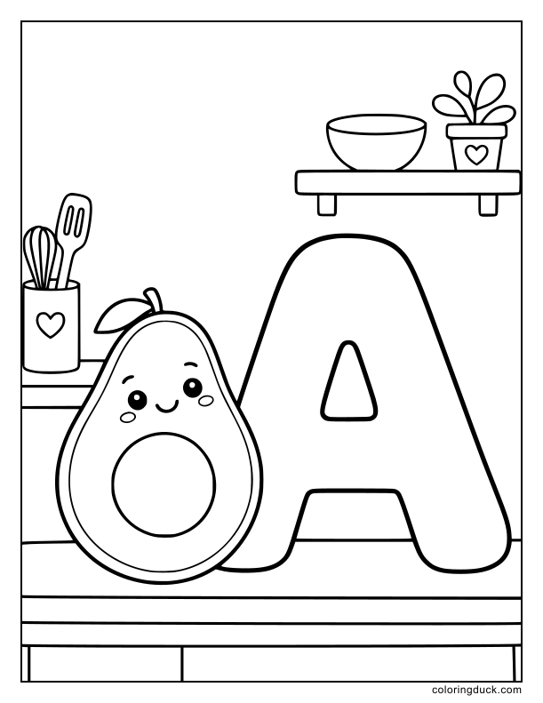 Halved avocado with a smiling face sitting beside a big letter A.