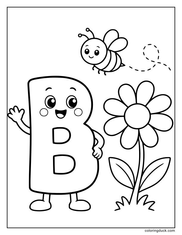 Cheerful letter B watching a tiny insect fly near a large daisy.
