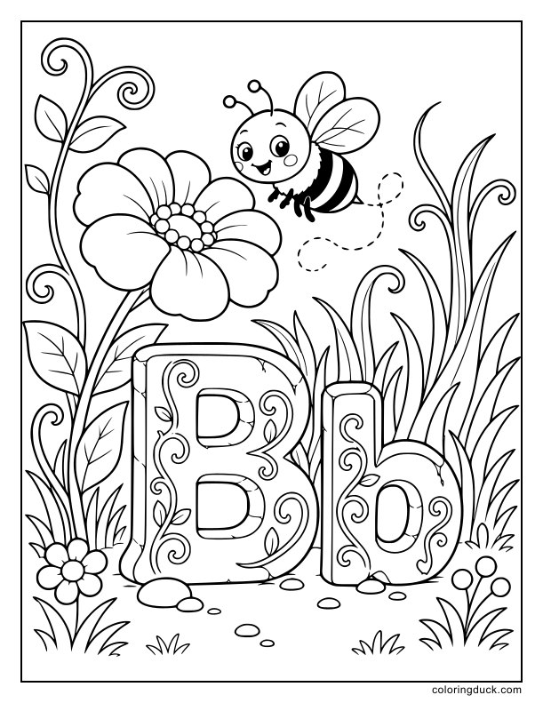 Tiny friendly bee flying over a blooming blossom that grows next to a stone letter B.