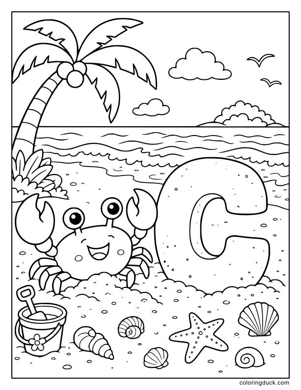 Smiling crab with big claws sitting beside a sandy letter C surrounded by seashells.