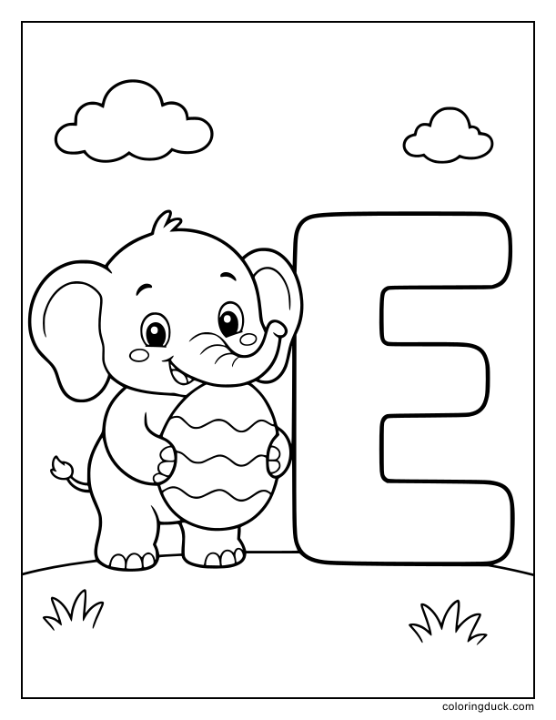 Elephant holding a large egg next to a giant uppercase letter E.
