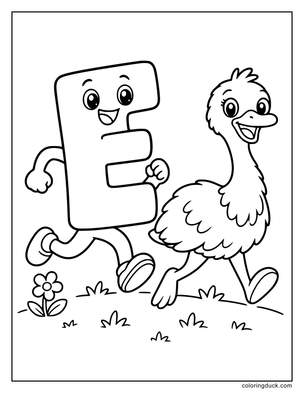 Playful letter E racing a long-legged emu across the grass.