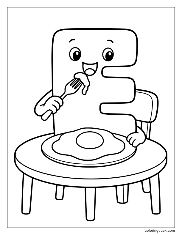 Smiling letter E sitting at a table eating a fried egg.