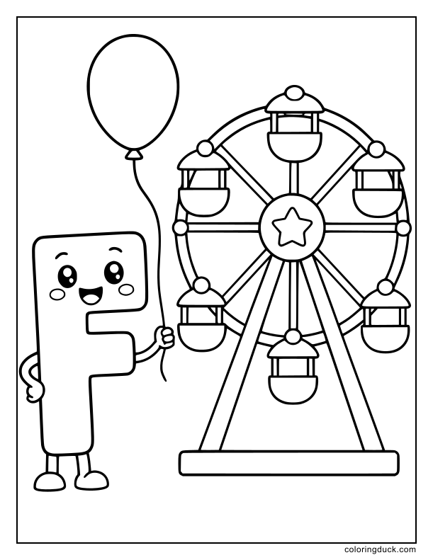 Big letter F holding a balloon next to a simple Ferris wheel.