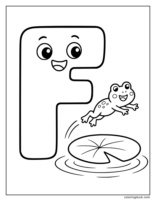 Smiling letter F watching a tiny frog leap over a lily pad.