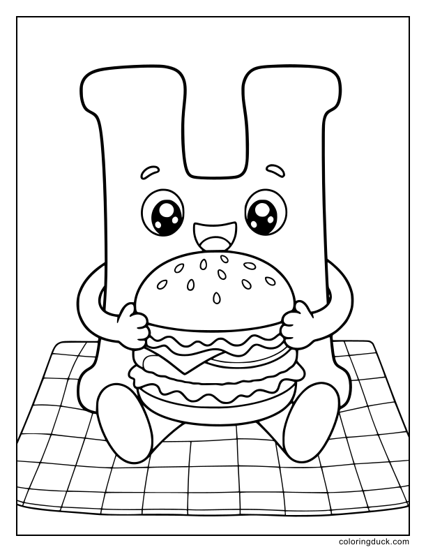 Hungry letter H sitting on a checkered mat holding a giant delicious hamburger.