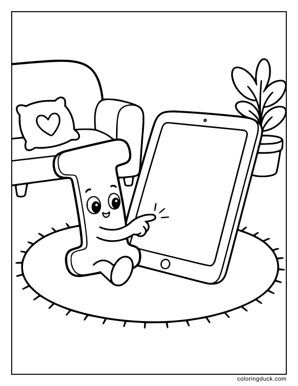 Curious letter I sitting on a large rug tapping a giant internet tablet screen.