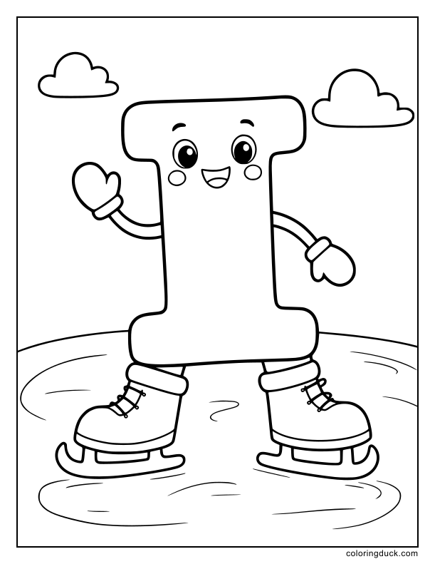 Cheerful uppercase letter I wearing ice skates gliding on a frozen pond.