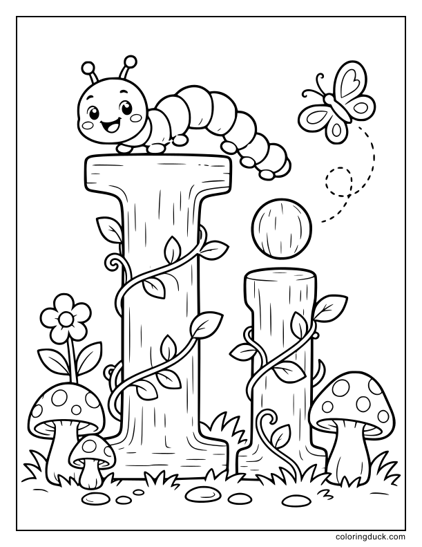 Tiny inchworms crawl over a tall wooden letter I surrounded by magical forest leaves.