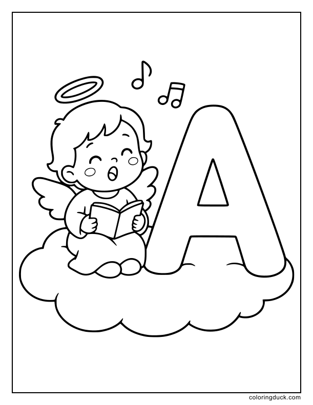 Sweet little angel playing a harp on a soft cloud next to letter A.