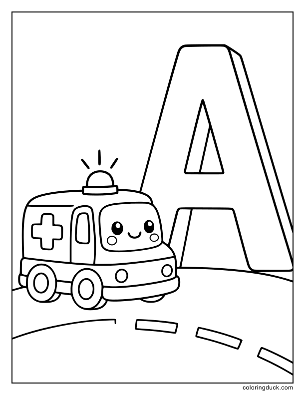 Toy ambulance driving past a gigantic uppercase A on a plain road.