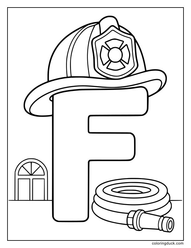 Cute firefighter helmet resting on top of a giant letter F next to a water hose.