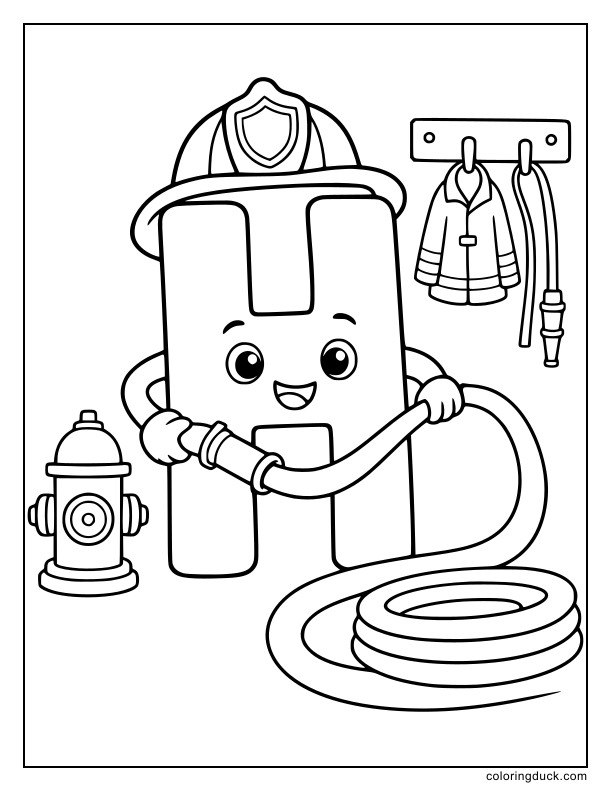 Brave letter H wearing a fire helmet and proudly unrolling a long fire hose.