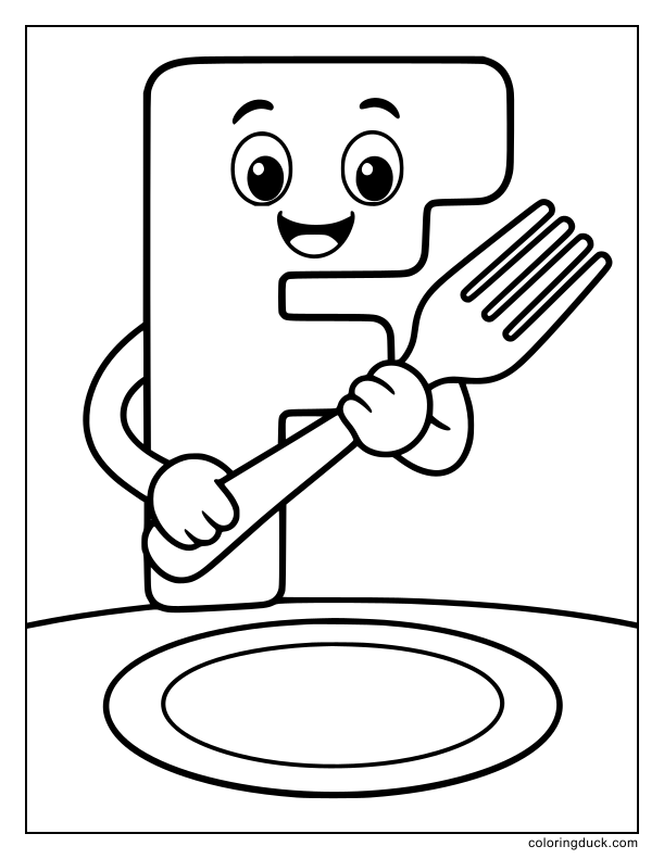 Massive letter F holding a giant fork over an empty plate.
