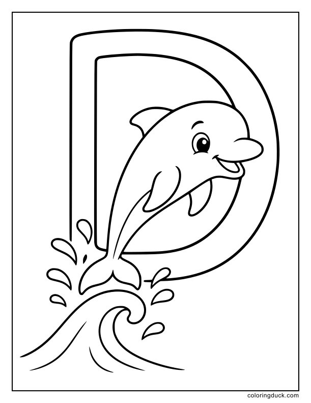 Cheerful dolphin jumping gracefully through a large hoop shaped like the letter D.