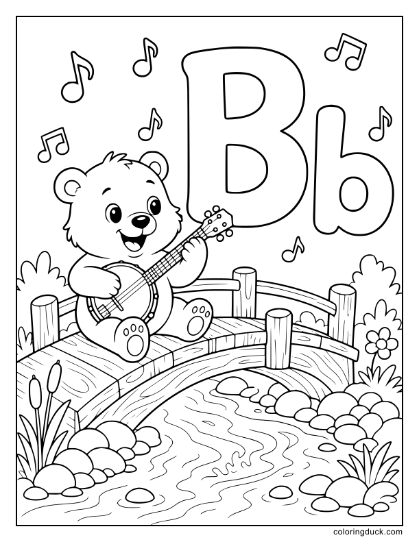 On a wooden bridge, a joyful bear cub sitting and strumming a banjo next to a giant musical letter B.